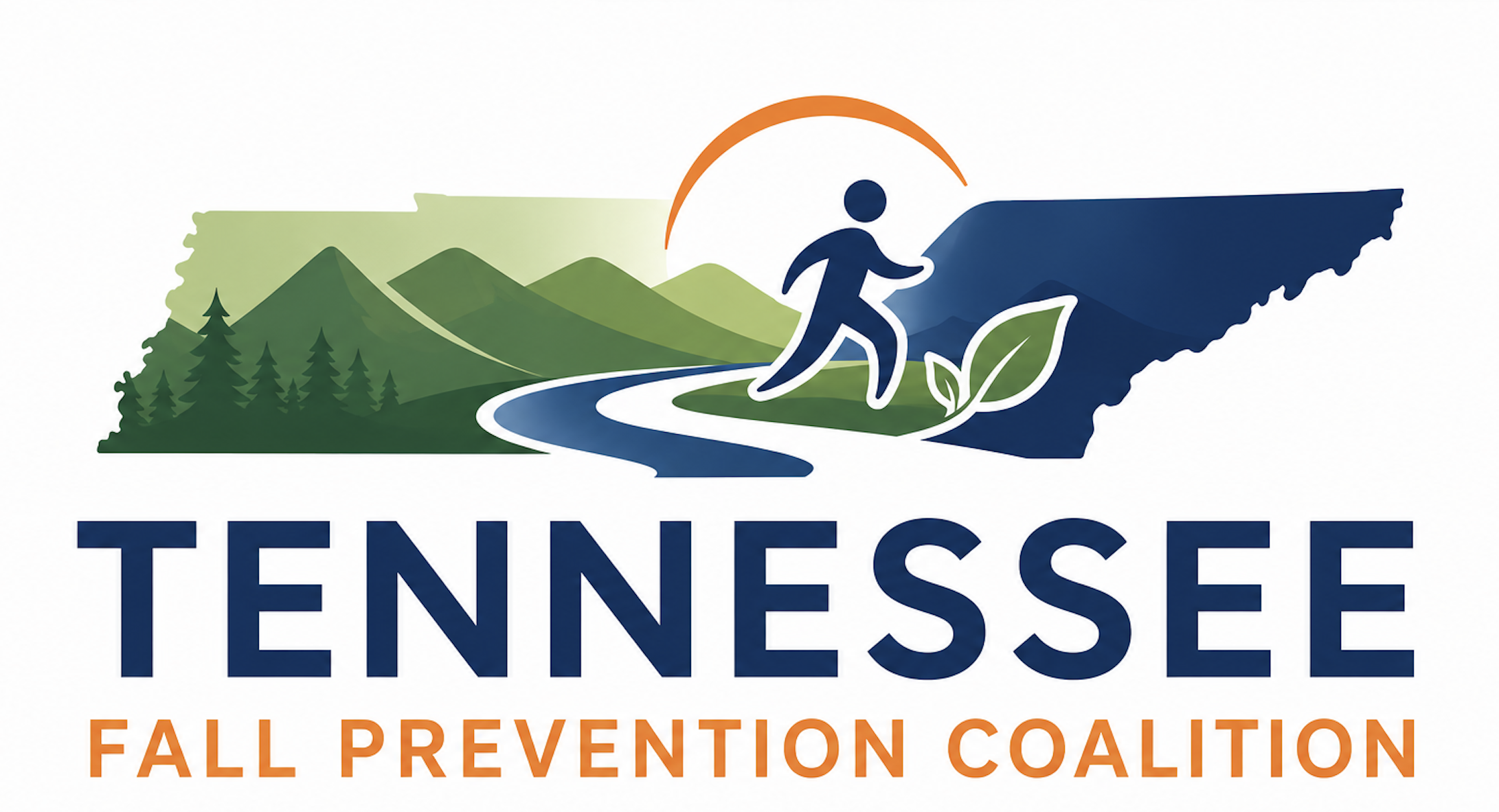 TN Fall Prevention Coalition Logo - Person walking on path through mountians in the shape of TN.